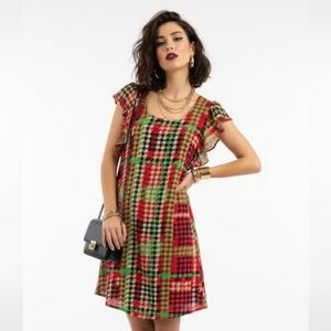 Urban Love Retro Mod Houndstooth Mini Dress,Ruffle Sleeves, Multi-Color, Size L